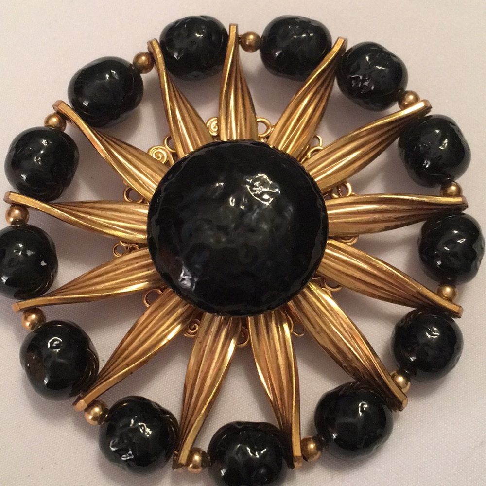 Miriam Haskell Black Beads and Gold Tone Brooch